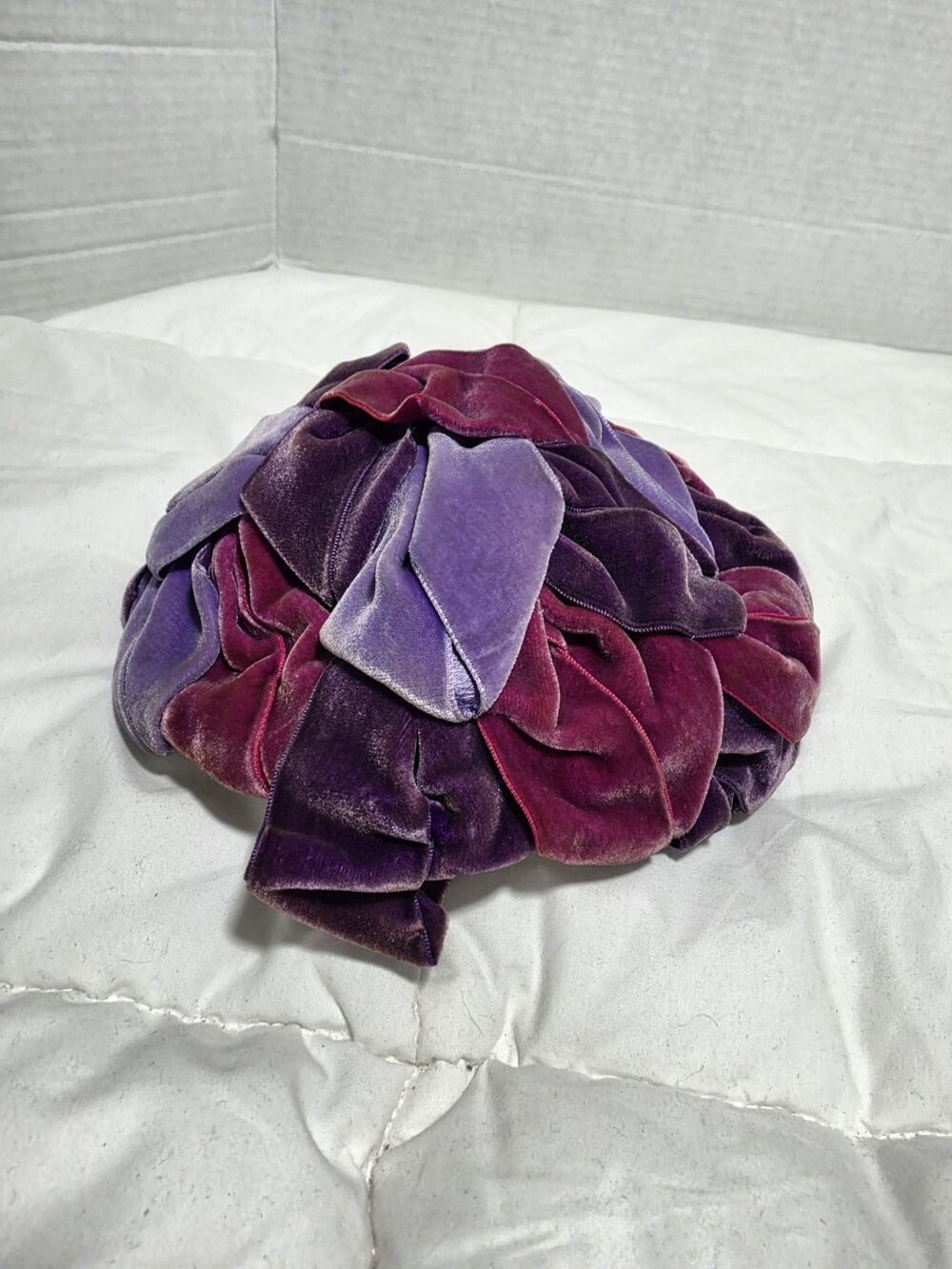 Vtg Gertrude 50s 60s Magenta Ombre Pleated Velvet Satin Pillbox Toque Hat Plum